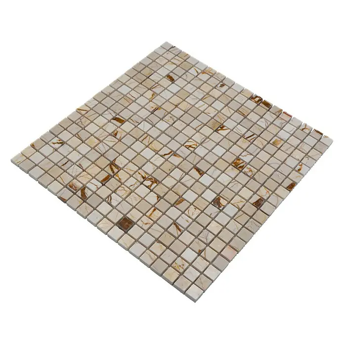 Mosaikfliese Quadrat MOS 15/2807 - 32,2 x 30,5 cm, Golden Cream, Matt - Nahaufnahme einer quadratischen Natursteinmosaikfliese in Beige- und Brauntönen, die ein subtiles und elegantes Design zeigt.