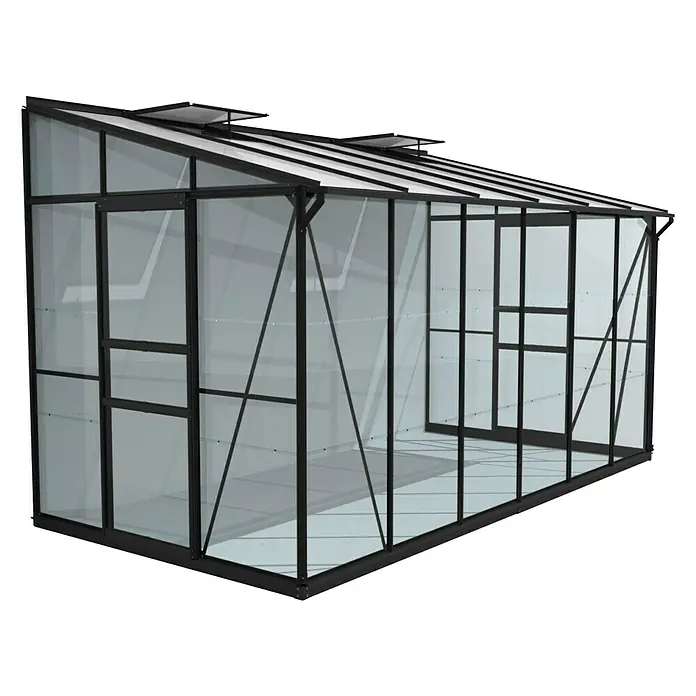 Vitavia Gewächshaus Osiris 7800 - Außenmaß inkl. Dachüberstand (B x T): 368,5 x 201 cm, 3 mm, Schwarz - Ein Gewächshaus mit schwarzem Rahmen und transparenten Paneelen, ideal für den Garten oder den Anbau von Pflanzen.