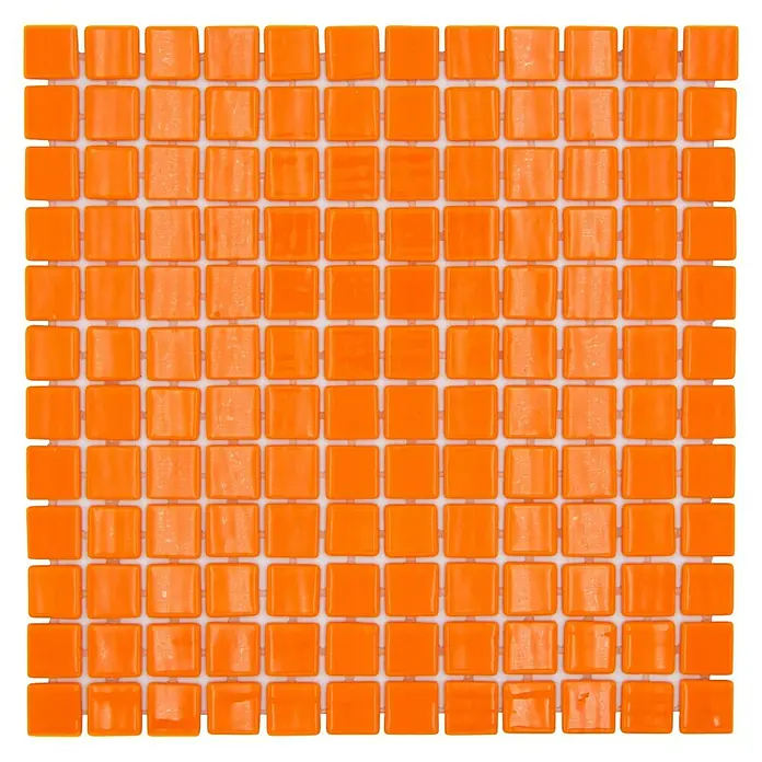 Mosaikfliese Quadrat Eco Lisos VP25820PUR - 31,6 x 31,6 cm, Orange, Glänzend - Nahaufnahme eines Mosaiks aus leuchtend orangefarbenen quadratischen Fliesen, die ein geometrisches Muster für Wände oder Böden bilden.