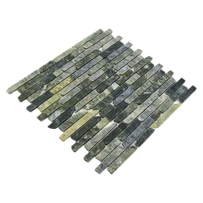 Mosaikfliese Uni MOS BRICK 407 - 32,2 x 30,5 cm, Grün, Matt - Nahaufnahme eines Mosaikfliesen-Dekors mit grünen und grauen Steinstreifen.