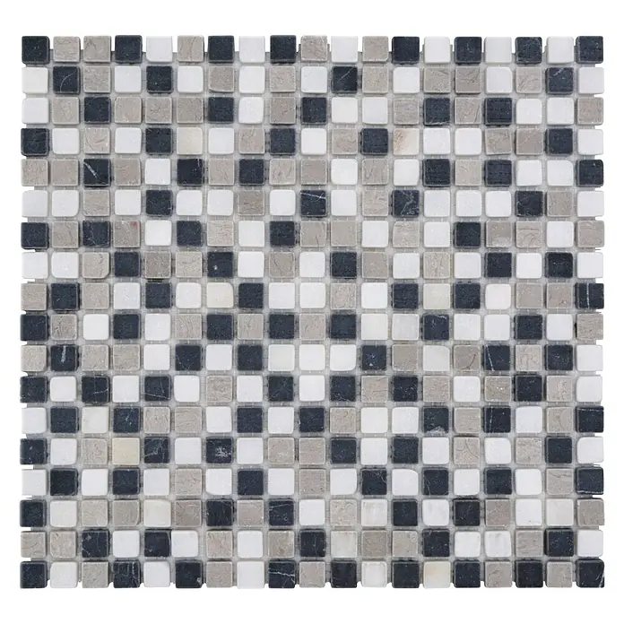 Mosaikfliese Quadrat Mix MOS 15/1125 - 32,2 x 30,5 cm, Beige/Grau/Schwarz, Matt - Quadratisches Mosaikmuster aus schwarzen, grauen und weißen Steinen für Wand- und Bodenbeläge.