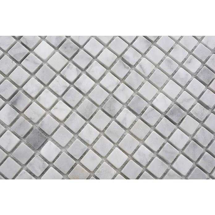 Mosaikfliese Quadrat MOS 15/2000 - 32,2 x 30,5 cm, Weiß, Matt - Nahaufnahme von Carrara-Marmor-Mosaikfliesen mit grauen Fugen, ideal für stilvolle Wand- und Bodengestaltungen im Innenbereich.