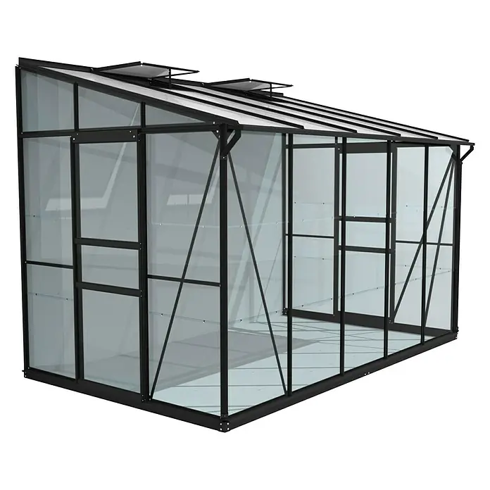 Vitavia Gewächshaus Osiris 6500 - Außenmaß inkl. Dachüberstand (B x T): 324,3 x 201 cm, 3 mm, Schwarz - Das Bild zeigt ein geräumiges Gewächshaus mit schwarzem Rahmen und transparenten Glasscheiben, ideal für den Gartenbau.