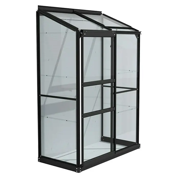 Vitavia Gewächshaus Styx 900 - Außenmaß inkl. Dachüberstand (B x T): 130,6 x 69 cm, 3 mm, Schwarz - Abbildung eines schwarzen, freistehenden Gewächshauses mit Regalen, perfekt für den Anbau von Pflanzen.