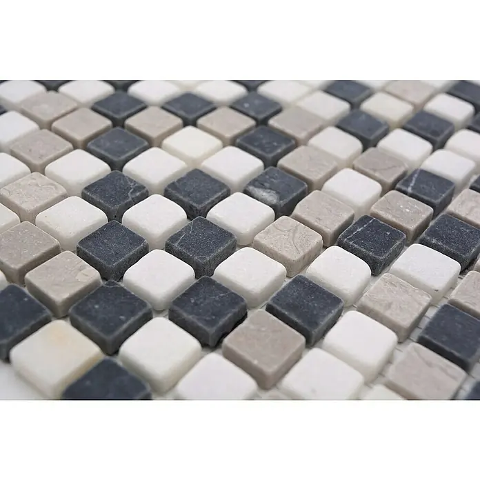 Mosaikfliese Quadrat Mix MOS 15/1125 - 32,2 x 30,5 cm, Beige/Grau/Schwarz, Matt - Nahaufnahme eines Mosaiks mit quadratischen Steinen in Weiß, Grau und Anthrazit, die ein elegantes und modernes Muster bilden.