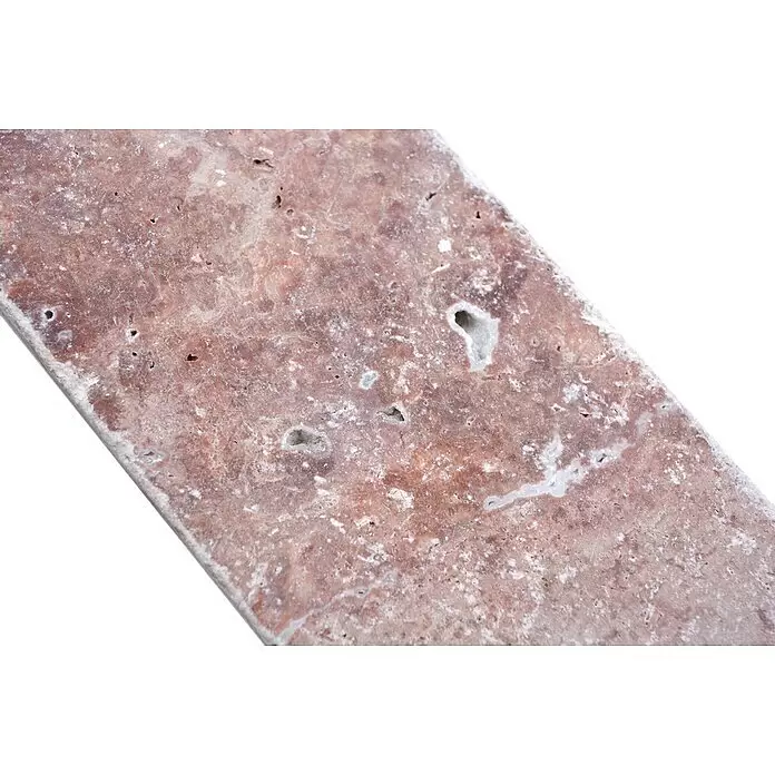 Antikmarmorfliese Travertin Rosso - 7,5 x 15 cm, Rot, Matt - Strukturierte rotbraune Travertinfliese mit weißer Maserung und kleinen Hohlräumen.