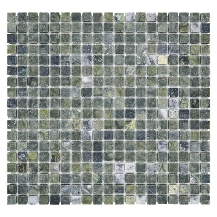 Mosaikfliese Quadrat MOS 15/407 - 32,2 x 30,5 cm, Grün, Matt - Mosaikfliesen aus Naturstein in Grün- und Grautönen. Die quadratischen Fliesen sind auf einem Netz befestigt und eignen sich für Wand- und Bodengestaltung.