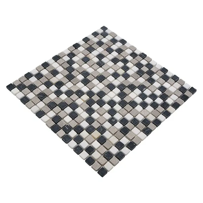 Mosaikfliese Quadrat Mix MOS 15/1125 - 32,2 x 30,5 cm, Beige/Grau/Schwarz, Matt - Nahaufnahme eines Mosaiks aus kleinen quadratischen Fliesen in Schwarz-, Weiß- und Grautönen.