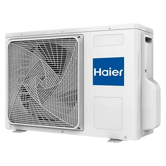 Haier Aire acondicionado Inverter 2x1 Tide-R - 3.400 W, 2.800 W, 20 m², Blanco - Primer plano de una unidad exterior de aire acondicionado Haier, que muestra el logotipo de Haier. La unidad es blanca y tiene una rejilla.