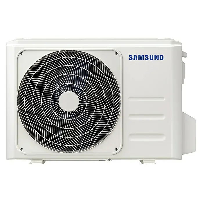 Samsung Aire acondicionado Inverter AR30 - 3.500 W - 3.520 W, 3.800 W, 30 m², Blanco - Unidad exterior de aire acondicionado Samsung con ventilador y logotipo de marca para refrigeración y calefacción eficaces.