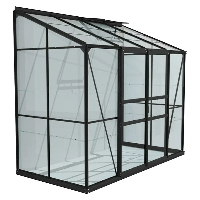Vitavia Gewächshaus Styx 3300 - Außenmaß inkl. Dachüberstand (B x T): 255 x 132 cm, 3 mm, Schwarz - Ein geräumiges Gewächshaus mit schwarzem Rahmen und klaren Paneelen, ideal für Gartenliebhaber. Perfekt für den Anbau von Pflanzen.