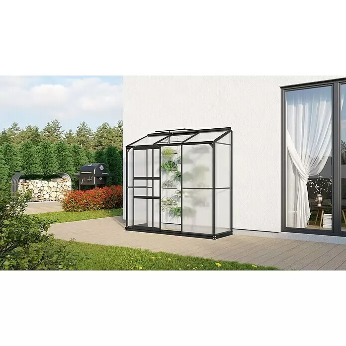 Vitavia Gewächshaus Styx 1300 - Außenmaß inkl. Dachüberstand (B x T): 192,8 x 69 cm, 4 mm, Schwarz - Schwarzgerahmtes, wandmontiertes Gewächshaus mit transluzenten Paneelen, bepflanzt, in einem modernen Garten.