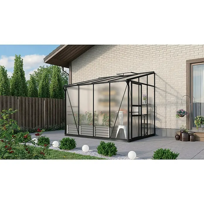 Vitavia Gewächshaus Osiris 5200 - Außenmaß inkl. Dachüberstand (B x T): 262,1 x 201 cm, 6 mm, Schwarz - Ein geräumiges Gewächshaus mit Stahlrahmen und transparenten Paneelen, ideal für den Anbau verschiedener Pflanzen.
