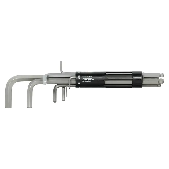 SW-Stahl Winkelschlüssel-Set - 8 -tlg., Schlüsselweite: 2 mm - 10 mm - Satz Innensechskantschlüssel mit Kugelkopf, Größen 2-10 mm, extra lang, geordnet in einem Halter für einfache Aufbewahrung und Nutzung.