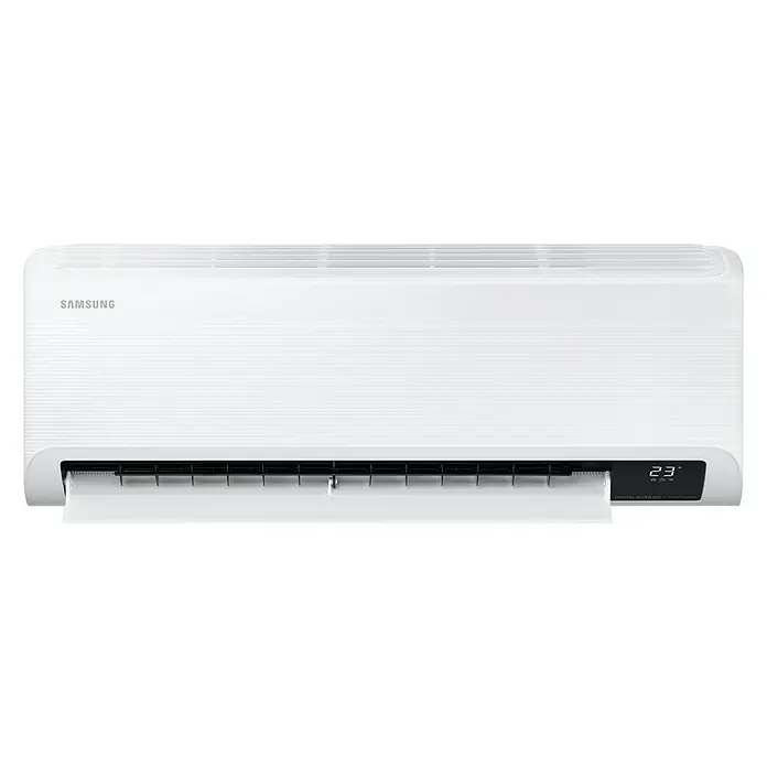 Samsung Aire acondicionado Inverter Cebu - 3.500 W, 3.500 W, 35 m², Blanco - Aire acondicionado Samsung blanco con la tapa abierta, prometiendo un ambiente fresco y confortable.