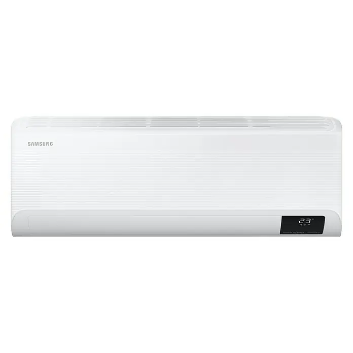 Samsung Aire acondicionado Inverter Cebu - 3.500 W, 3.500 W, 35 m², Blanco - Primer plano de un aire acondicionado Samsung, que muestra una lectura digital de 23 grados, mostrando una solución de refrigeración moderna y eficiente.