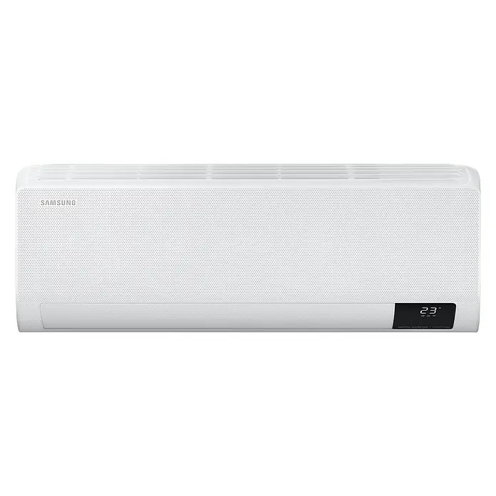 Samsung Aire acondicionado Inverter Wind Free Comfort - 5.000 W, 6.000 W, 50 m², Blanco - Un aire acondicionado Samsung blanco que muestra 23 grados Celsius en su pantalla digital. Diseño elegante para climatización moderna.