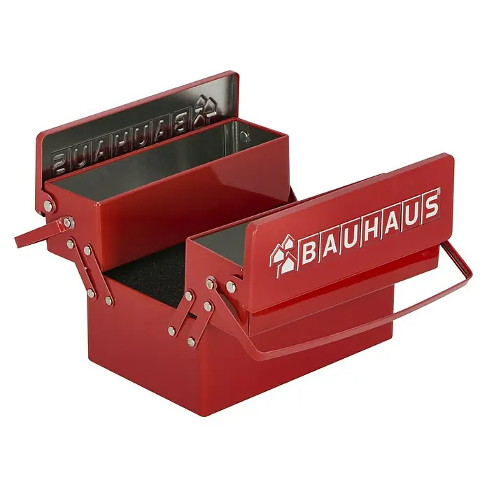 BAUHAUS Werkzeugkasten Box für Gutscheinkarten - L x B x H: 7,8 x 12 x 7,8 cm - Rote Bauhaus Werkzeugkiste mit ausklappbaren Fächern und Tragegriff, ideal für Heimwerker und Profis zur Aufbewahrung von Werkzeugen.