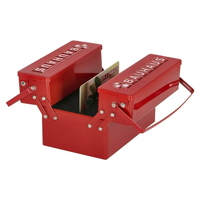 BAUHAUS Werkzeugkasten Box für Gutscheinkarten - L x B x H: 7,8 x 12 x 7,8 cm - Roter Bauhaus-Werkzeugkasten mit zwei Fächern und einem Tragegriff. Ideal zur Aufbewahrung und zum Transport von Werkzeugen.