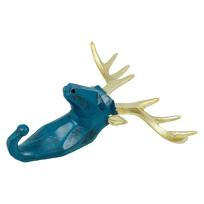 Garderobenhaken Rentier - L x B x H: 16 x 6,2 x 17 cm, Blau - Dekorative Hirschkopf-Wandhalterung in Blau und Gold, ideal für stilvolle Akzente in jedem Raum. Ein echter Blickfang!