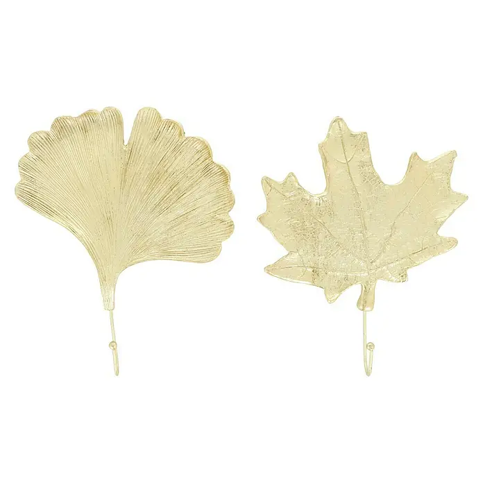 Garderobenhaken Set Ginko/Ahorn - L x B x H: 20 x 3,5 x 25 cm, Gold - Goldene dekorative Wandhaken in Form eines Ginkgo-Blattes und eines Ahornblattes für eine stilvolle Aufbewahrung.