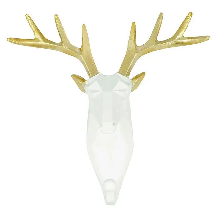 Garderobenhaken Rentier - L x B x H: 16 x 6,2 x 17 cm, Weiß - Eine stilisierte Hirschkopf-Wanddeko in Weiß mit goldenen Geweih. Dekoratives Accessoire für moderne Innenräume.