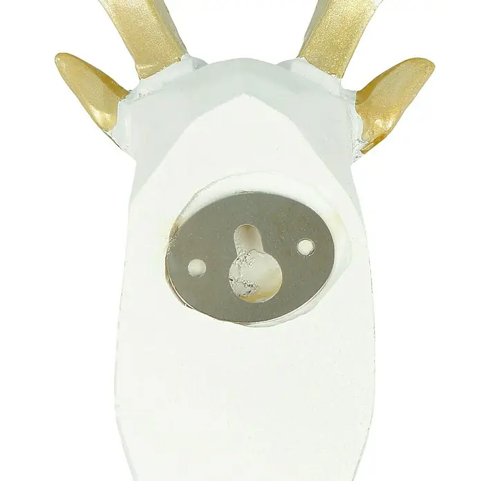 Garderobenhaken Rentier - L x B x H: 16 x 6,2 x 17 cm, Weiß - Rückansicht eines Hirschkopfes mit goldfarbenem Geweih und einer Metallhalterung zur Wandbefestigung.