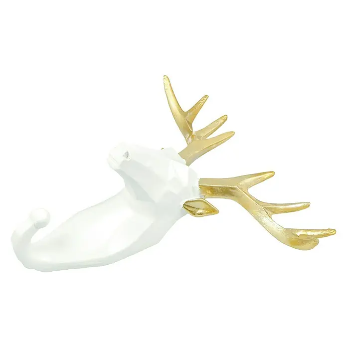 Garderobenhaken Rentier - L x B x H: 16 x 6,2 x 17 cm, Weiß - Dekorative Hirschkopf-Figur in Weiß und Gold. Eine stilvolle Ergänzung für jede festliche Dekoration oder als ganzjähriges Ornament.