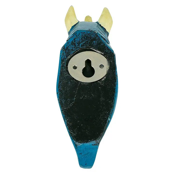 Garderobenhaken Einhorn - L x B x H: 4 x 7 x 12 cm, Blau - Rückseite einer blauen Hunde Wanddekoration mit einem silberfarbenen Befestigungselement in der Mitte für einfache Montage.