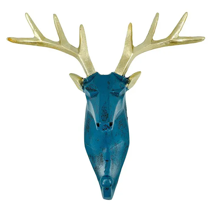 Garderobenhaken Rentier - L x B x H: 16 x 6,2 x 17 cm, Blau - Wanddekoration: Blauer Hirschkopf mit goldenem Geweih als stilvolles Wohnaccessoire.