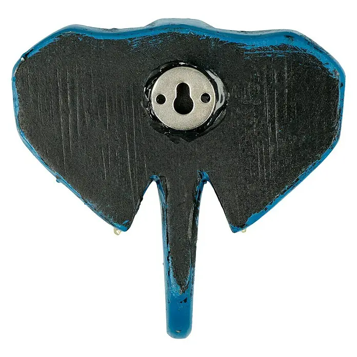 Garderobenhaken Elefant - L x B x H: 10,6 x 4 x 10,8 cm, Blau - Rückseite einer blauen Elefanten-Wandhalterung aus Holz, die eine Schlüssellochaufhängung zur einfachen Montage zeigt.