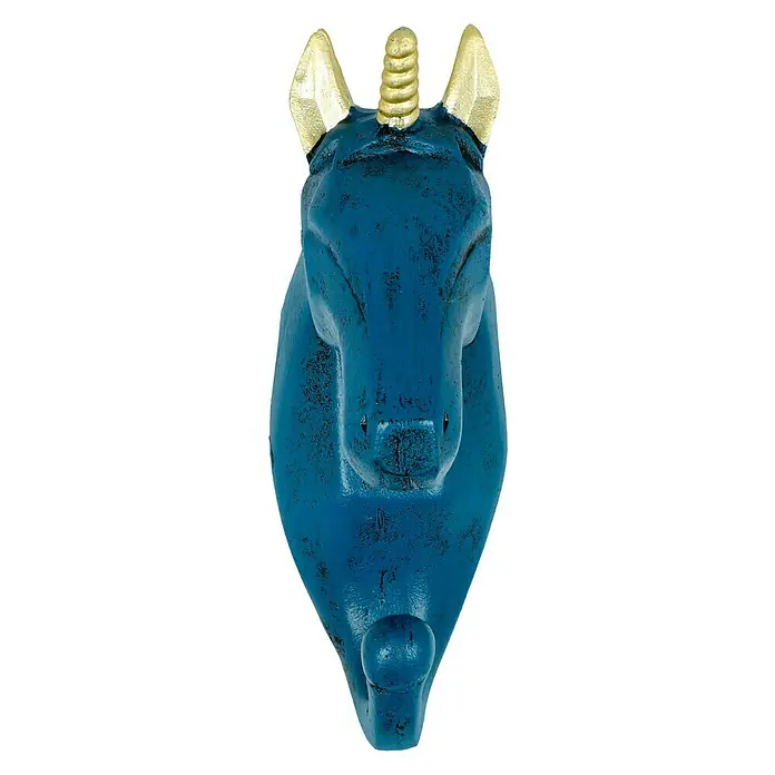 Garderobenhaken Einhorn - L x B x H: 4 x 7 x 12 cm, Blau - Blaue Einhorn-Wandgarderobe mit goldenen Akzenten. Dekorativer und funktionaler Hingucker für jedes Zuhause, ideal zum Aufhängen von Jacken und Accessoires.