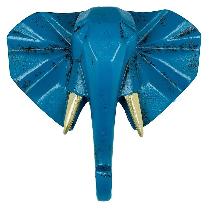 Garderobenhaken Elefant - L x B x H: 10,6 x 4 x 10,8 cm, Blau - Blaue Elefantenkopf-Wandgarderobe mit goldenen Stoßzähnen, ein stilvolles und dekoratives Accessoire für Ihr Zuhause.