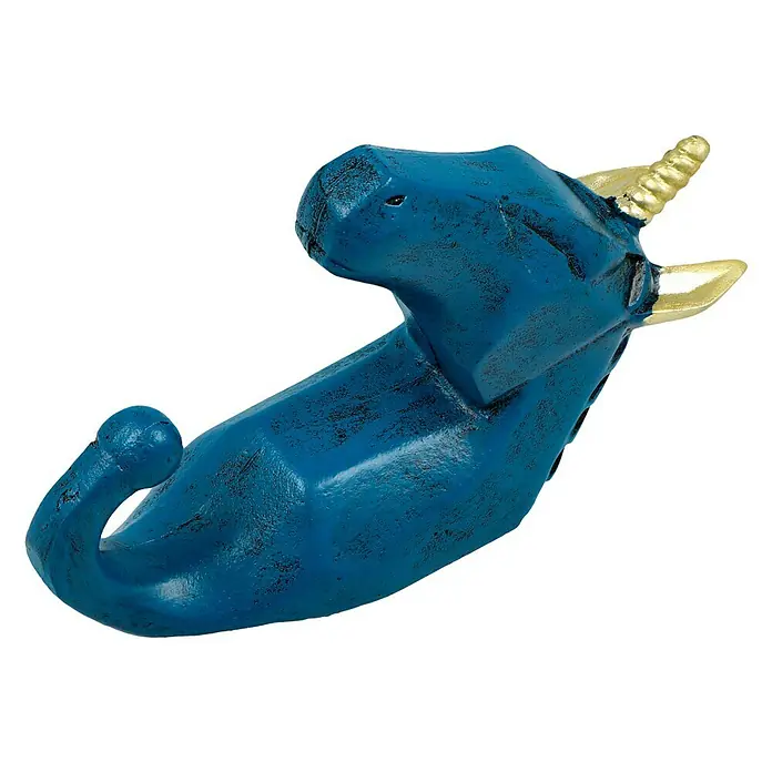 Garderobenhaken Einhorn - L x B x H: 4 x 7 x 12 cm, Blau - Blaue Einhorn-Hakenhalterung mit goldenen Akzenten, ideal zum Aufhängen von Schlüsseln oder leichten Gegenständen. Ein stilvolles Accessoire für jeden Raum.