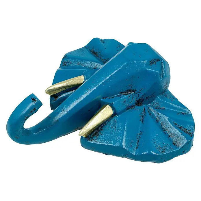 Garderobenhaken Elefant - L x B x H: 10,6 x 4 x 10,8 cm, Blau - Nahaufnahme einer blauen, stilisierten Elefantenkopf-Wanddekoration mit goldenen Akzenten, die einen rustikalen Charme versprüht.