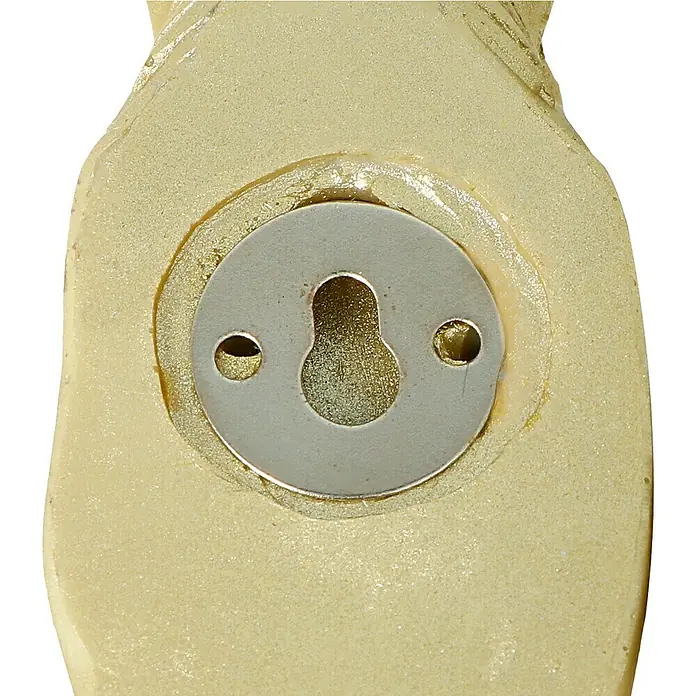 Garderobenhaken Einhorn - L x B x H: 4 x 7 x 12 cm, Gold - Nahaufnahme der Rückseite eines dekorativen Wandhakens aus goldfarbenem Kunstharz mit Metallscheibe zur Befestigung.