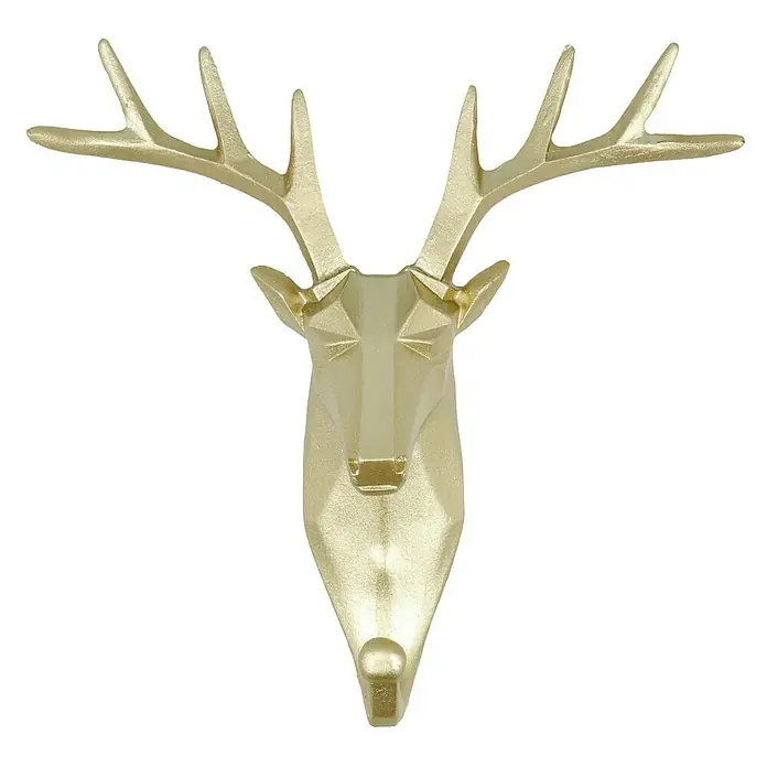 Garderobenhaken Rentier - L x B x H: 16 x 6,2 x 17 cm, Gold - Goldener Hirschkopf, gefertigt im geometrischen Stil, als dekorativer Wandbehang. Ein stilvolles Deko-Objekt für moderne Wohnräume.