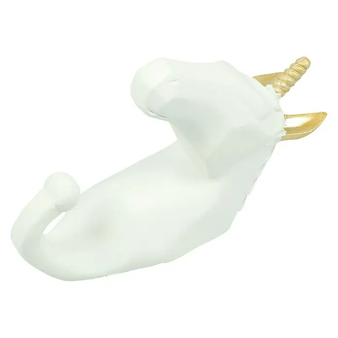 Garderobenhaken Einhorn - L x B x H: 4 x 7 x 12 cm, Weiß - Nahaufnahme einer weißen, geometrischen Einhornfigur mit goldenem Horn auf schwarzem Hintergrund.