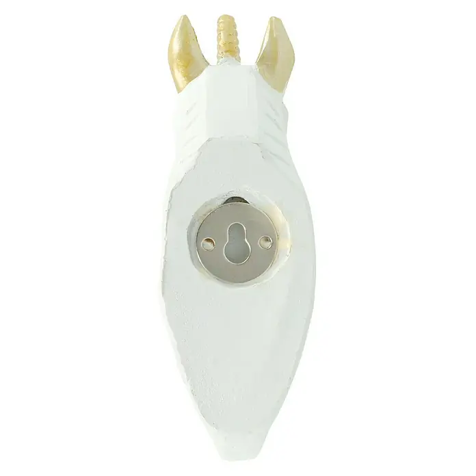Garderobenhaken Einhorn - L x B x H: 4 x 7 x 12 cm, Weiß - Rückansicht einer weißen, glänzenden Einhorn-Wanddekoration mit goldenem Horn und Ohren, die eine silberne Aufhängevorrichtung zeigt.