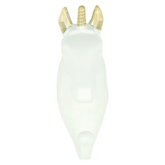 Garderobenhaken Einhorn - L x B x H: 4 x 7 x 12 cm, Weiß - Nahaufnahme eines weißen Einhorn-Wandhakens mit goldenen Ohren und einem Horn, ideal für die Dekoration eines Kinderzimmers.