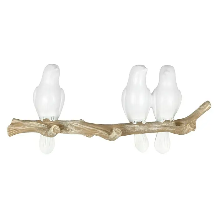 Garderobenleiste Vögel auf Ast - L x B x H: 34 x 6 x 14,5 cm, Anzahl Haken: 3 Stk., Weiß/Natur - Dekorativer Kleiderhaken mit drei weißen Vögeln auf einem Ast. Eine stilvolle und funktionale Wanddekoration für Ihr Zuhause.