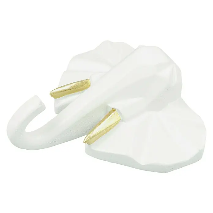 Garderobenhaken Elefant - L x B x H: 10,6 x 4 x 10,8 cm, Weiß - Nahaufnahme einer weißen Elefantenfigur mit goldenen Akzenten, die einen stilvollen und modernen Touch verleihen.\n