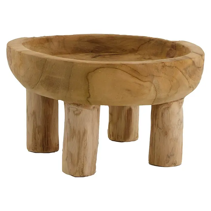 Holzschale auf Fuß - Rund, Ø x H: 19 x 11 cm - Dieser Artikel zeigt eine dekorative, rustikale Holzschale mit drei Beinen, ideal als Tischdekoration oder zur Präsentation.