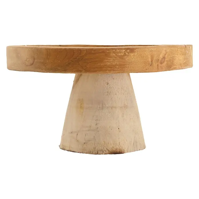 Deko-Tablett - Holz, Ø x H: 23 x 13 cm - Nahaufnahme eines hölzernen Tortenständers mit rustikalem Charme, ideal für die Präsentation von Kuchen und Desserts.