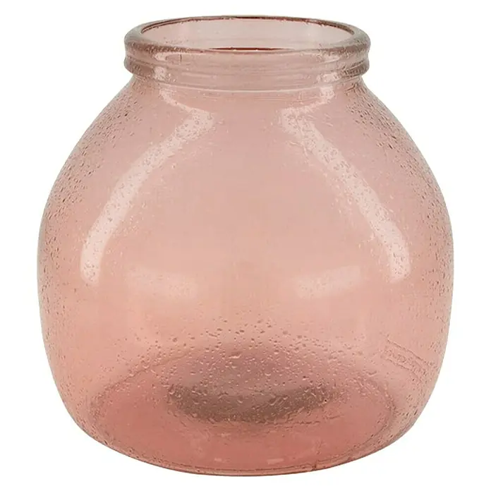 Vase Recyceltes Glas - Ø x H: 20 x 21 cm, Glas, Pink - Nahaufnahme einer bauchigen, rosa Glasvase mit rundem Körper und leicht nach innen gewölbtem Hals vor schwarzem Hintergrund.