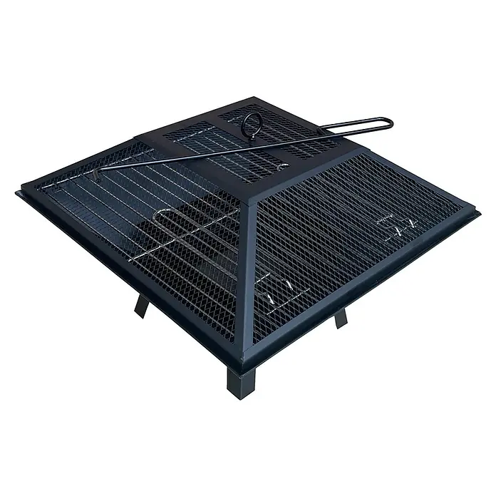 Grillstar Holzkohlegrill Firebowl - Grillfläche (B x T): 43 x 43 cm, Schwarz - Bild einer quadratischen Feuerstelle aus Metall mit einer Abdeckung und einem Werkzeug zum Bewegen von Holz.