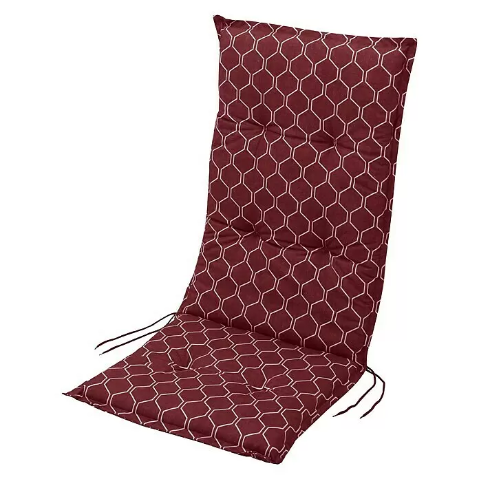 Sunfun Basic-Line Sitzauflage - Weinrot, Hochlehner, L x B x H: 117 x 49 x 6 cm, Materialzusammensetzung Bezug: Baumwoll-Polyester-Mischgewebe - Weinrotes Stuhlkissen mit weißem Wabenmuster und Befestigungsbändern.