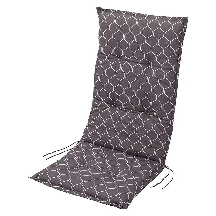 Sunfun Basic-Line Sitzauflage - Grau, Hochlehner, L x B x H: 117 x 49 x 6 cm, Materialzusammensetzung Bezug: Baumwoll-Polyester-Mischgewebe - Graues Stuhlkissen mit weißem geometrischen Muster und Bindebändern für Gartenmöbel oder Innenbereiche. Komfortable Polsterung.