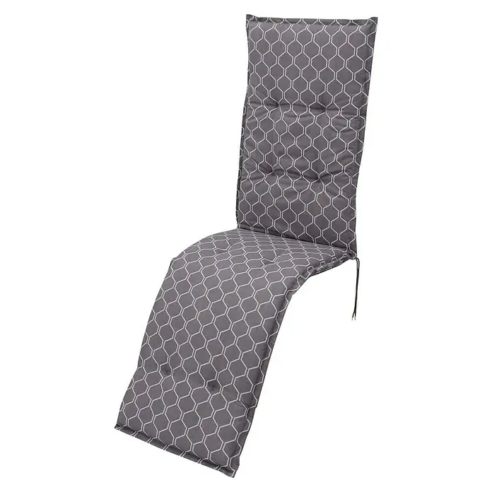 Sunfun Basic-Line Sitzauflage Relax - Grau, L x B x H: 174 x 50 x 6 cm, Materialzusammensetzung Bezug: Baumwoll-Polyester-Mischgewebe - Ein graues Liegestuhlauflagekissen mit einem weißen geometrischen Muster, perfekt für entspannte Stunden im Garten. Bequeme Polsterung für optimalen Komfort.