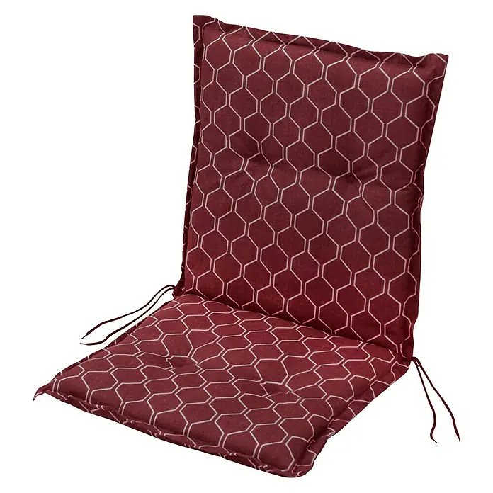 Sunfun Basic-Line SitzauflageWeinrot, Niederlehner, L x B x H: 98 x 49 x 6 cm, Materialzusammensetzung Bezug: Baumwoll-Polyester-Mischgewebe - Rote Stuhlkissenauflage mit geometrischem Muster und Bindebändern für bequemes Sitzen im Innen- und Außenbereich.